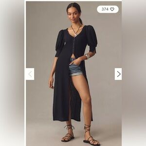 By Anthropologie Sheer Ribbed Button Front Tunic Woman XL Black Puff Sleeve BOHO